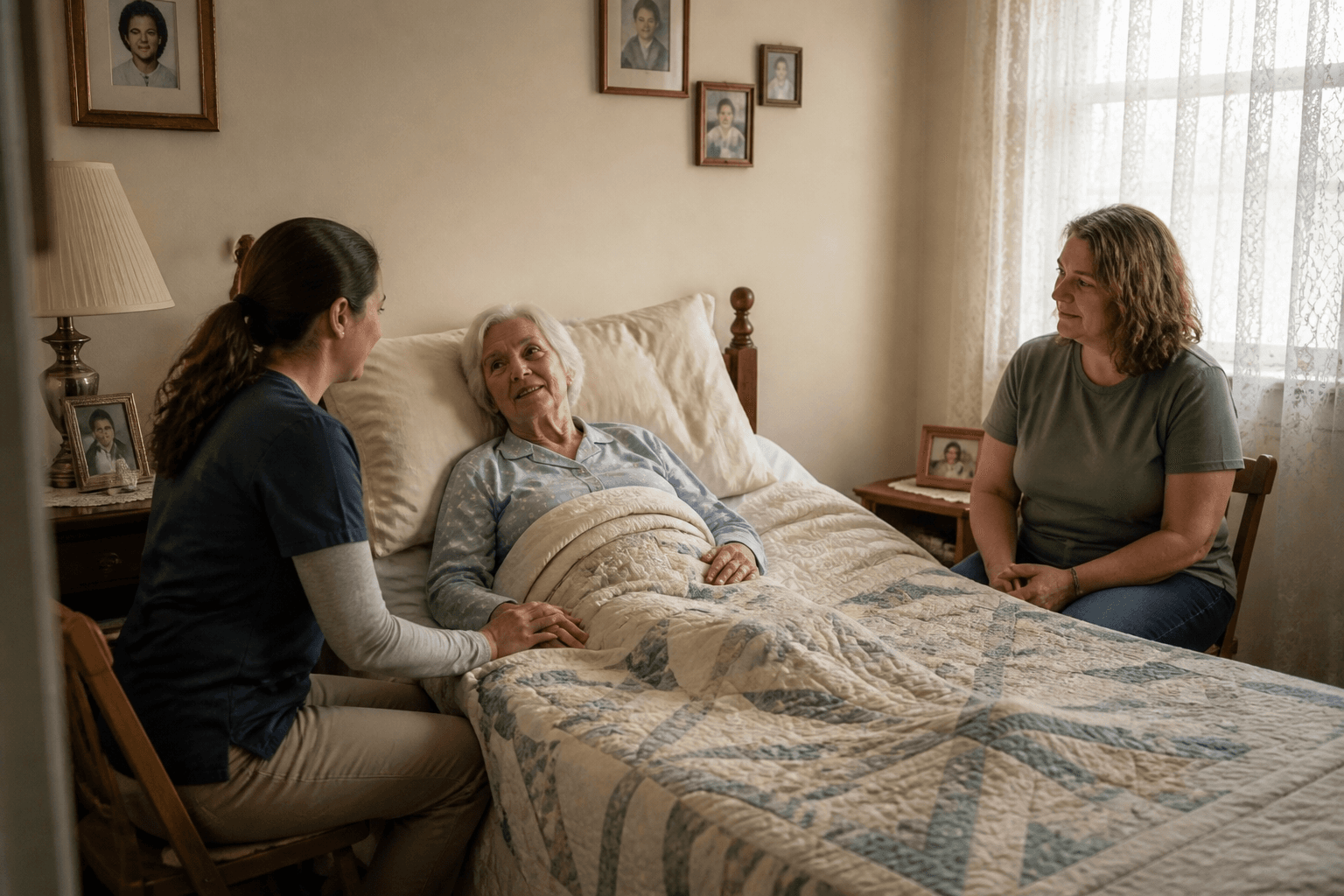 A caregiver speaking with an older woman resting in bed while a family member sits nearby