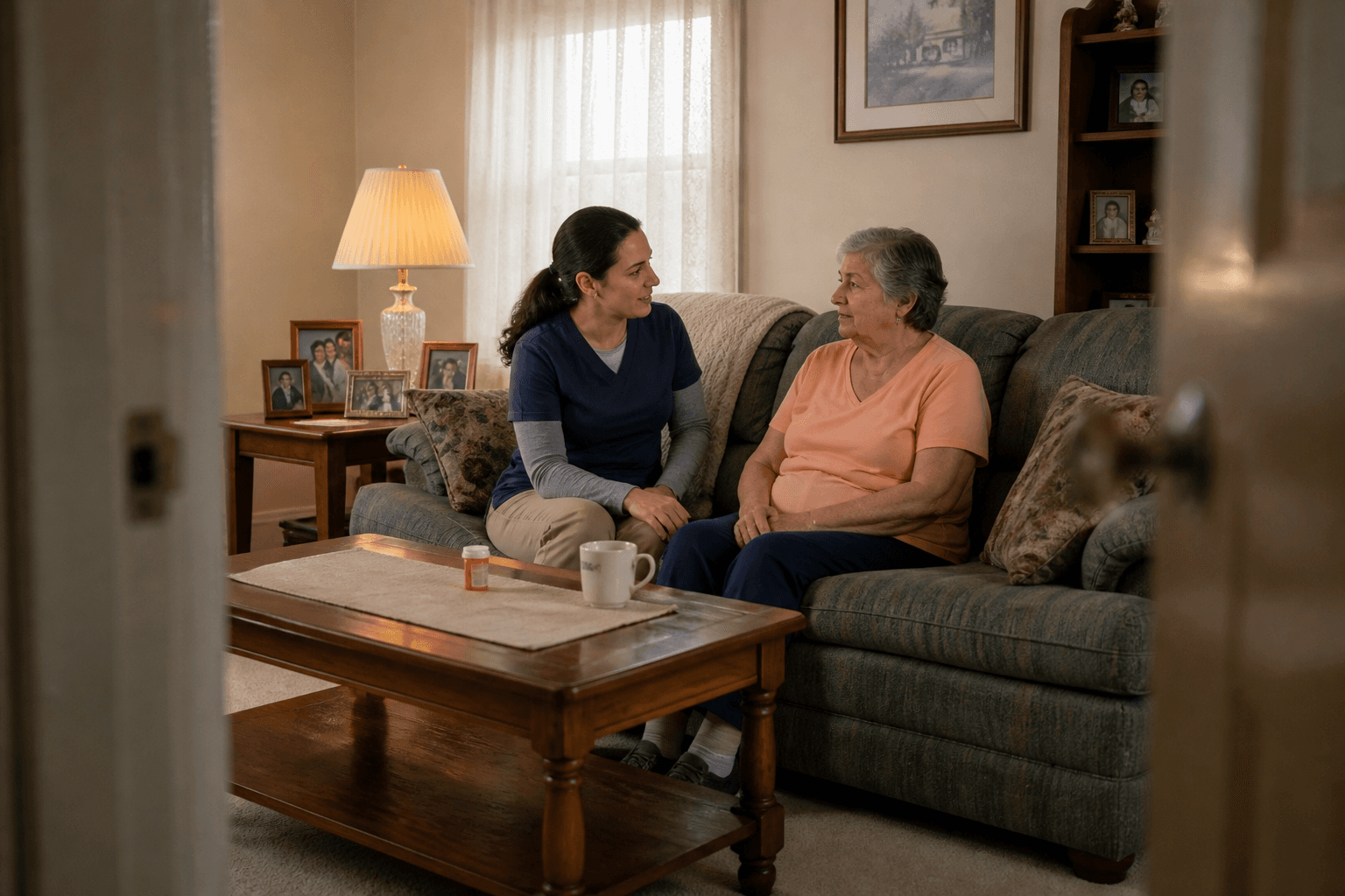 A home care clinician sitting with an older woman during a calm living room check-in