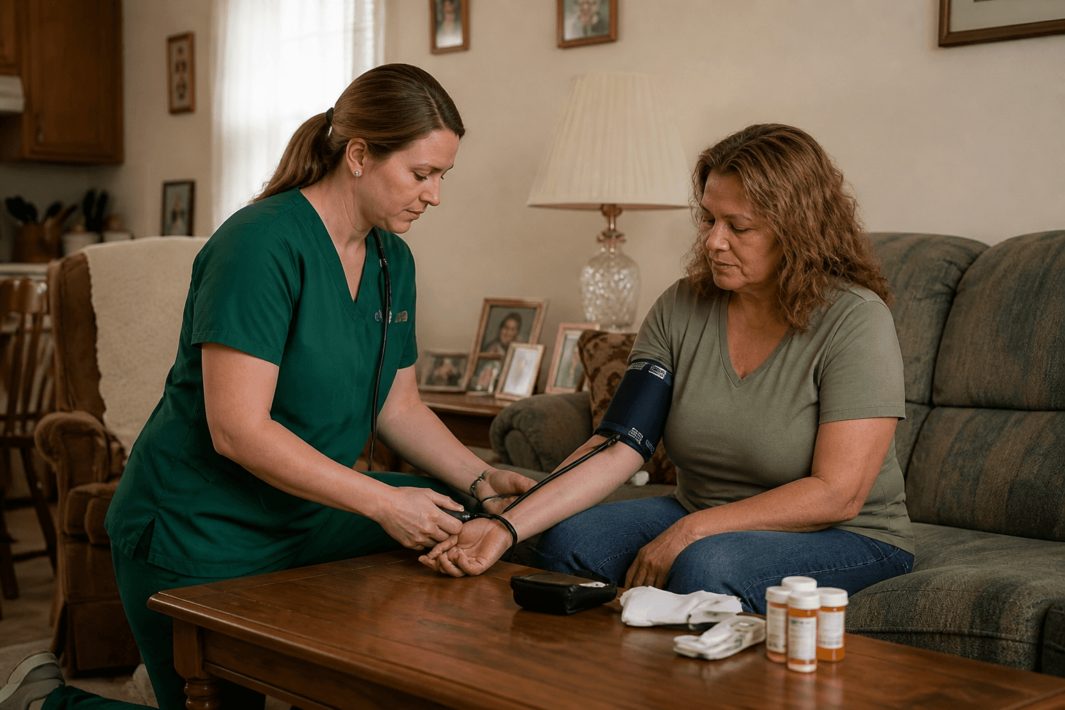 A nurse checking blood pressure during a home visit in a living room