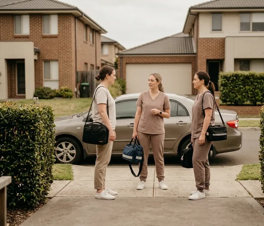 Three clinicians with medical bags talking beside a car on a residential street
